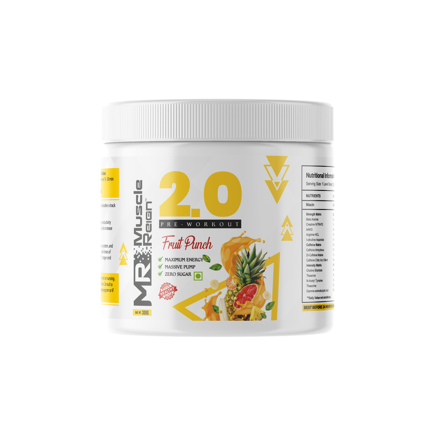 Muscle Reign 2.0 Fruit Punch best pre workout supplement for muscle gain in a sleek white container